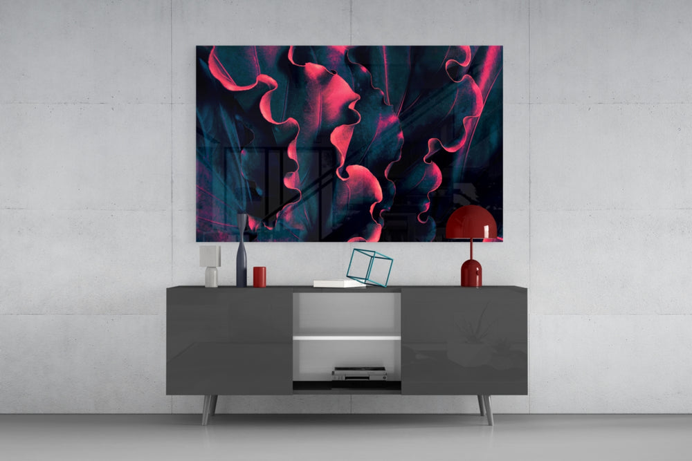 Stage-lit coral foliage glass wall art in nightclub-style home bar