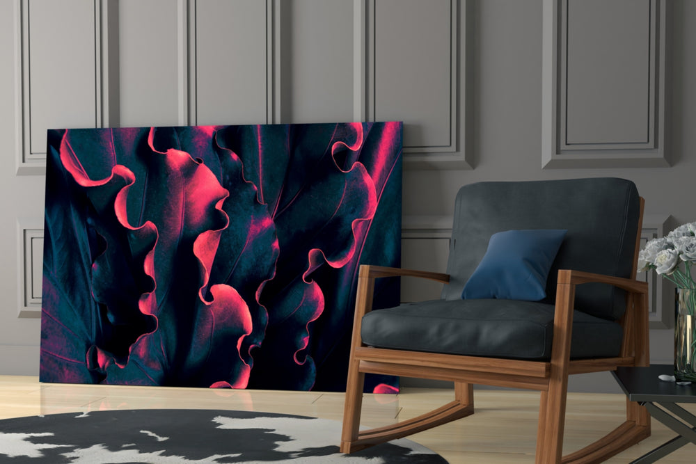 Ruffled-edge tropical leaf cinematic glass wall art in designer hallway