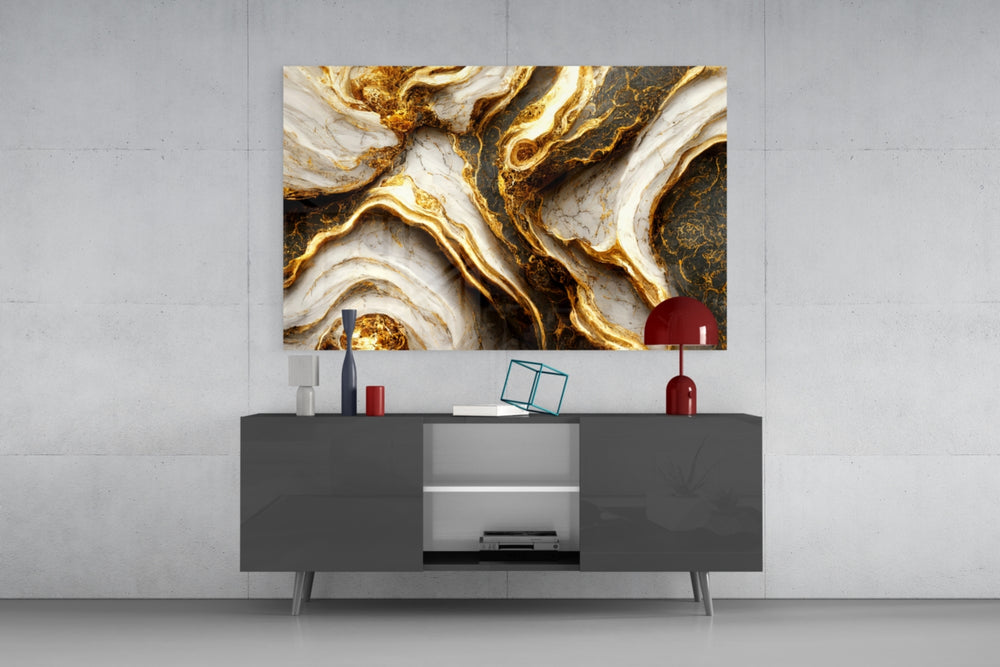 Pearl-agate gold-vein cinematic glass wall art in designer office