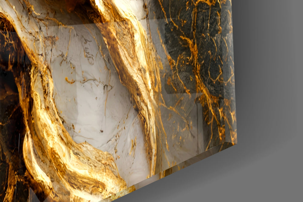 Cream-and-gold cinematic marble glass wall art in glamorous dining room