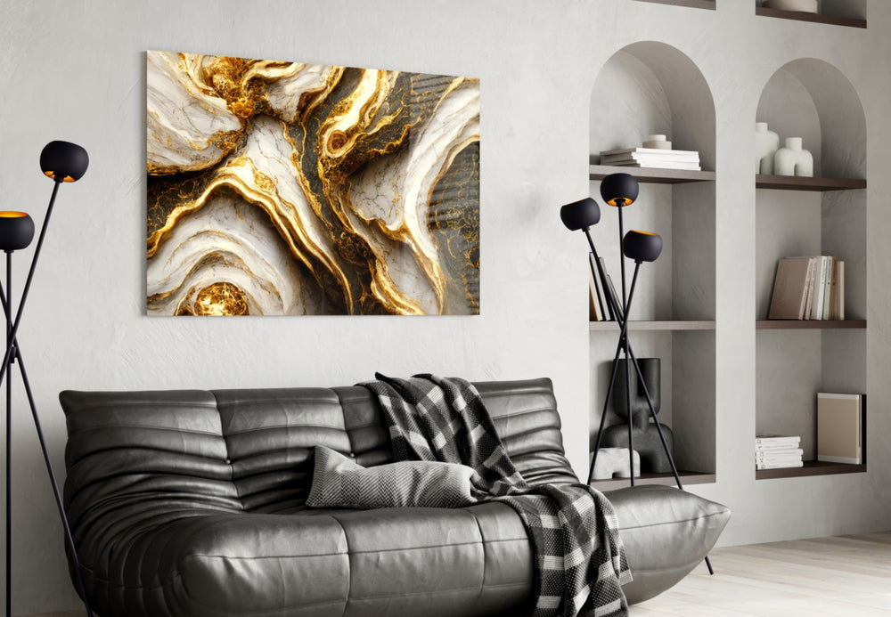 Couture marble cinematic glass wall art in fashion-house entry lobby