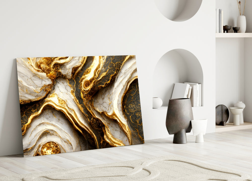 Ivory-and-gold-vein cinematic glass wall art over master-bedroom headboard