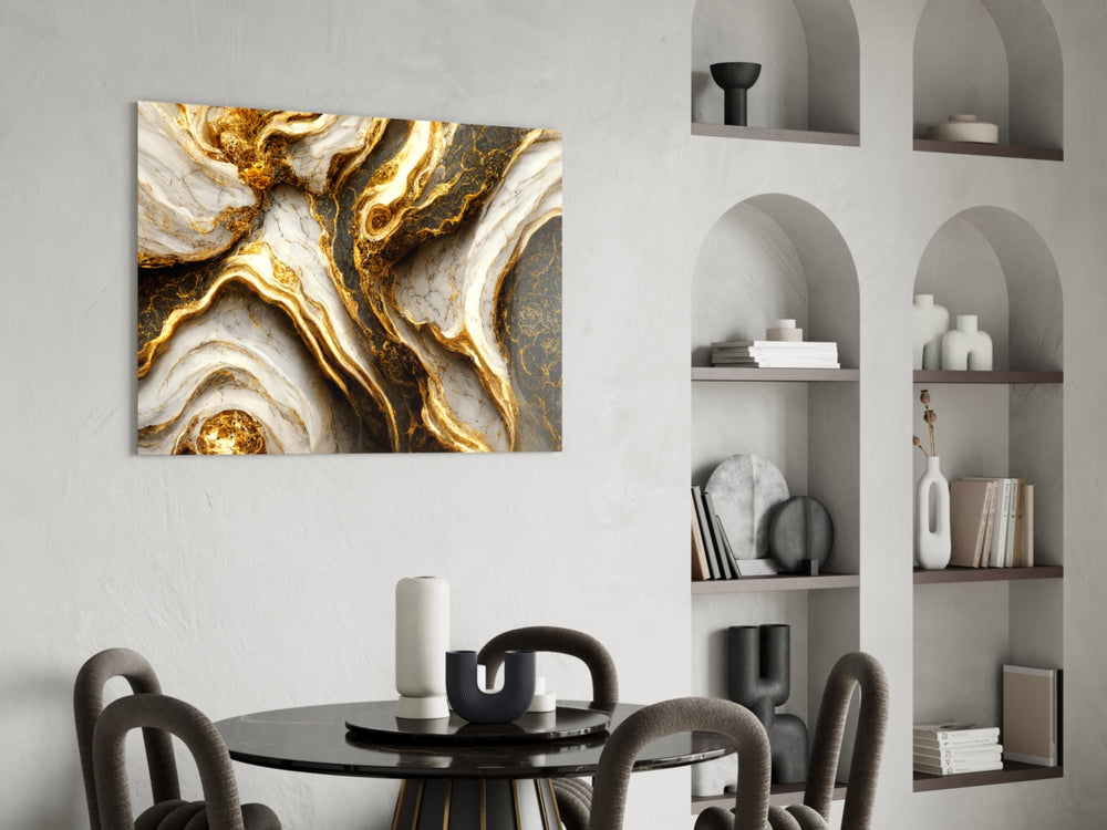 Heavy gold-river marble glass wall art in hotel lounge