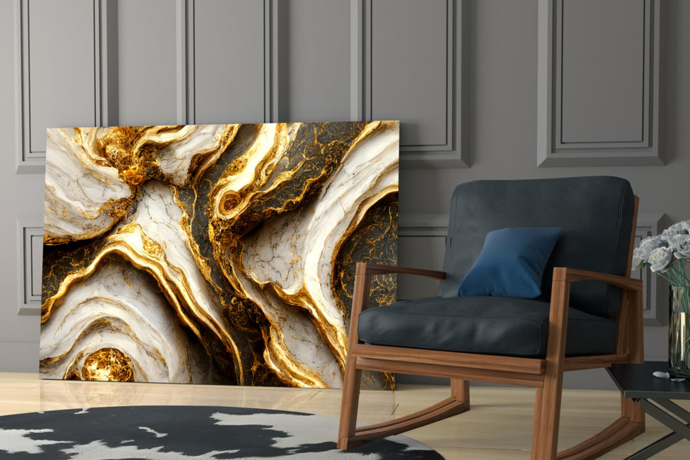 Gold-leaf ivory marble glass wall art over modern dining table
