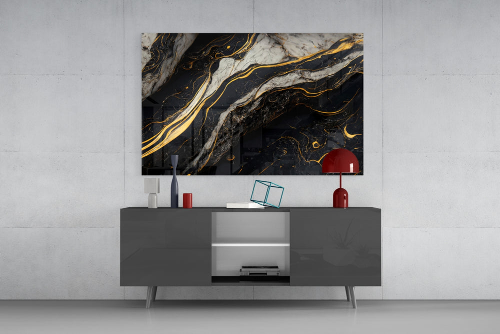 Black-and-gold marble cinematic glass wall art in heritage dining space