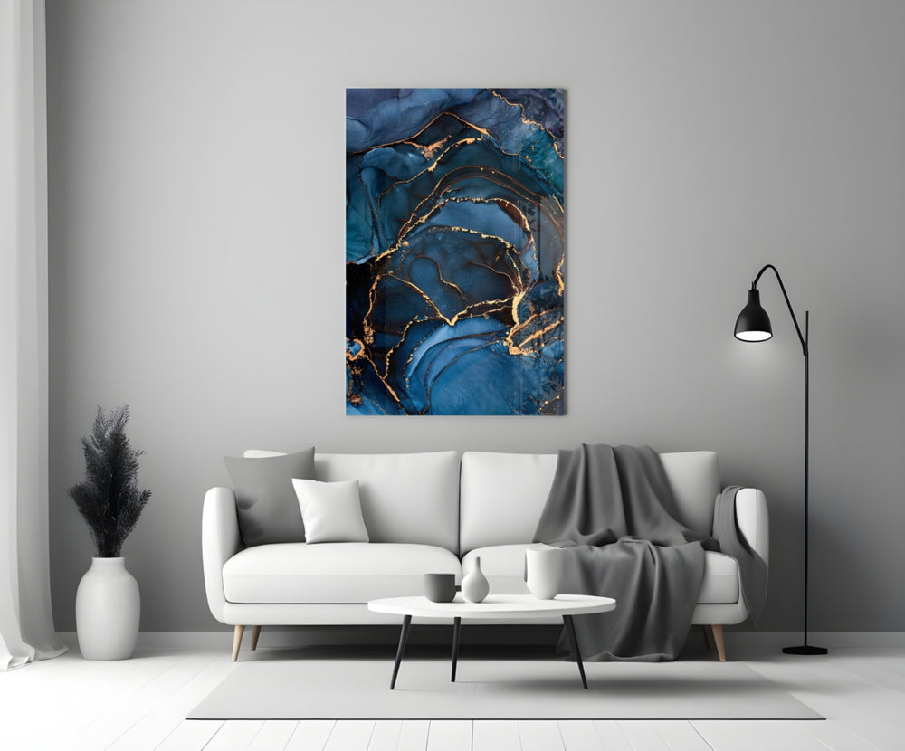 Navy-and-gold-vein cinematic glass wall art in boutique-hotel suite