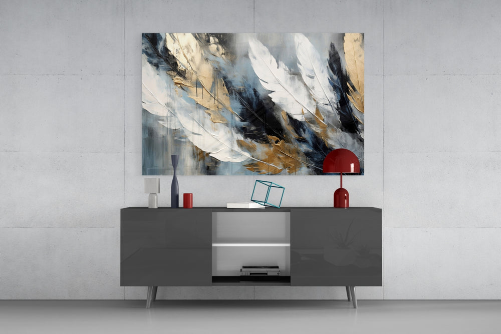 Charcoal-ground feather plume glass wall art in glamorous library