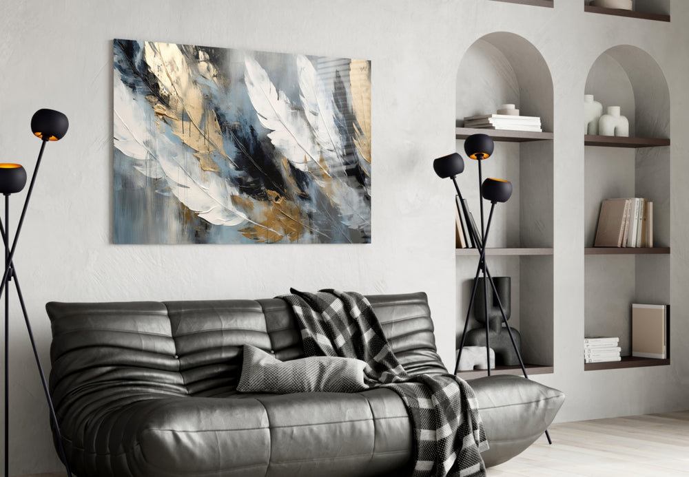 Three-feather impasto cinematic glass wall art in heritage hallway
