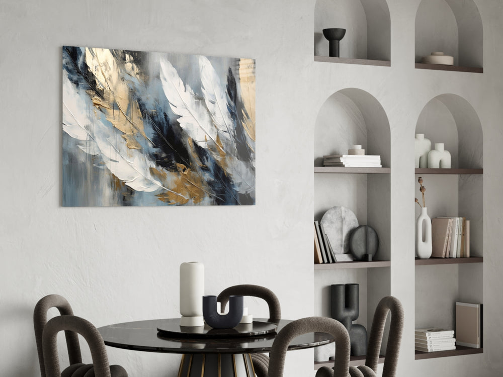 Sculptural feather painterly glass wall art in luxury powder-room