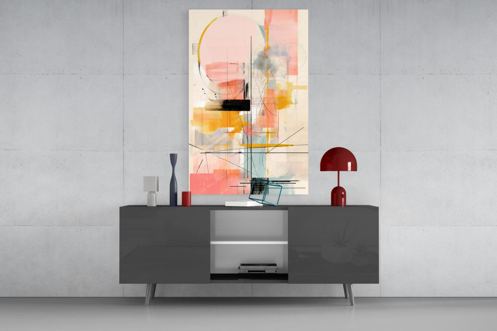 Pencil-line feminine abstract cinematic glass wall art in creative-studio dining nook
