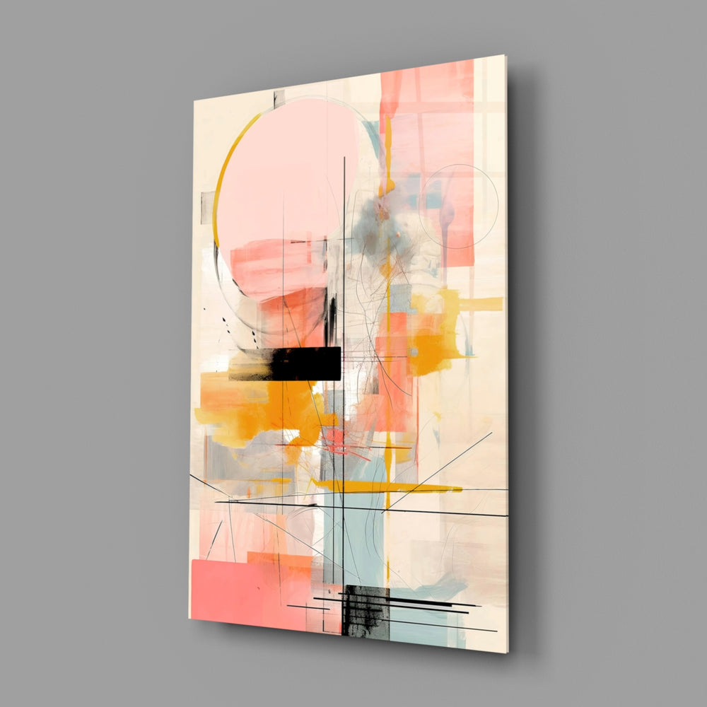 Coral-and-marigold studio collage glass wall art in creative office reading nook