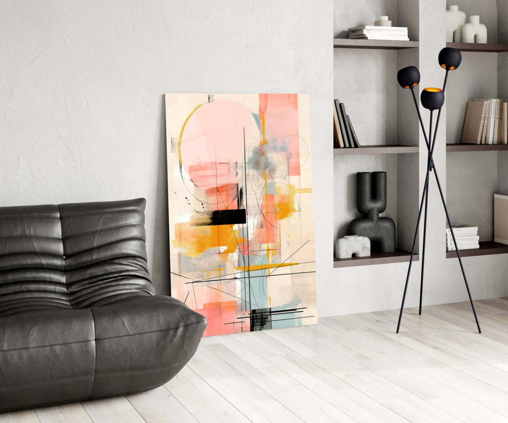 Feminine-luxe abstract cinematic glass wall art in fashion-atelier reception