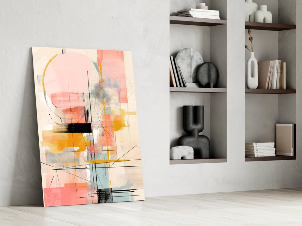 Tangerine-and-ivory cinematic glass wall art in hospitality lounge