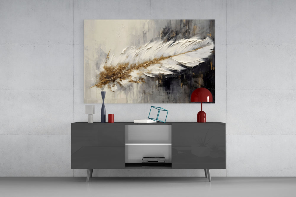 Painterly white-feather cinematic glass wall art in glamorous library