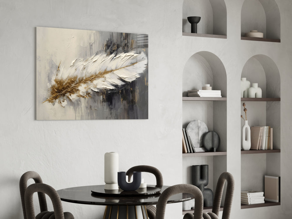 Sculptural impasto feather cinematic glass wall art in luxury powder-room
