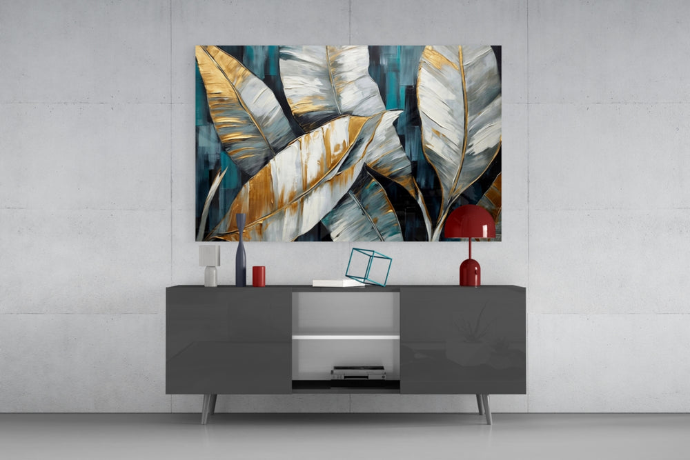 Gold-leaf banana-frond cinematic glass wall art in fashion-atelier reception