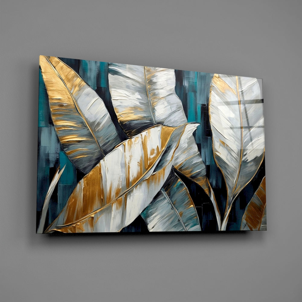 Painterly banana-frond cinematic glass wall art over walnut dining sideboard