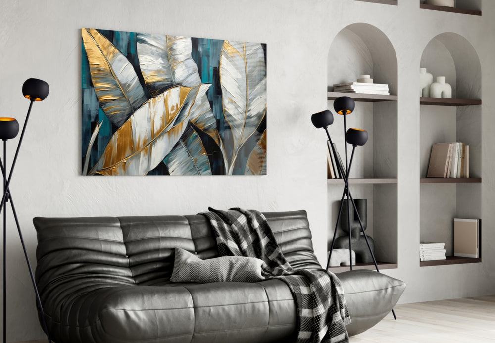 Ivory-gold leaf cinematic glass wall art in luxury hallway