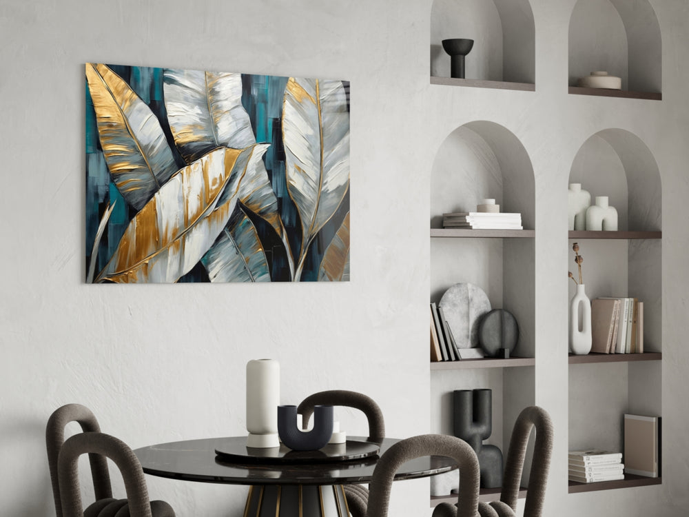 Sculptural banana foliage glass wall art in luxury powder-room