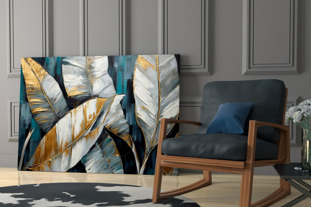 Painterly tropical leaves glass wall art over modern bar cabinet