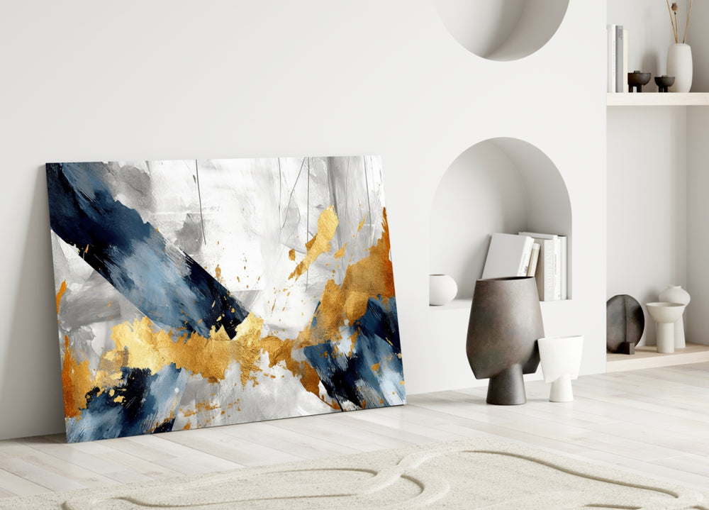Modern-painting gold abstract glass wall art in boutique-hotel lounge