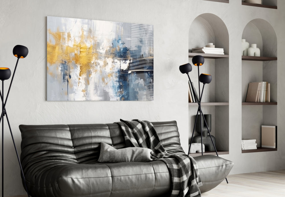 Painterly navy-and-gold cinematic glass wall art over master-bedroom headboard