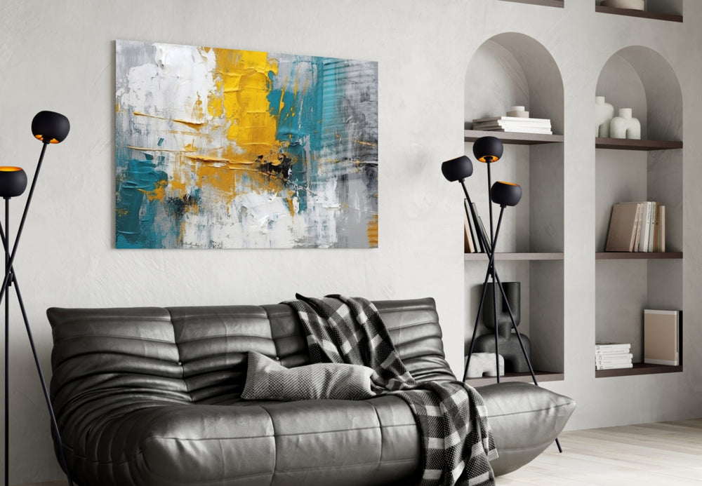 Expressionist studio painterly glass wall art in boutique-hotel reception