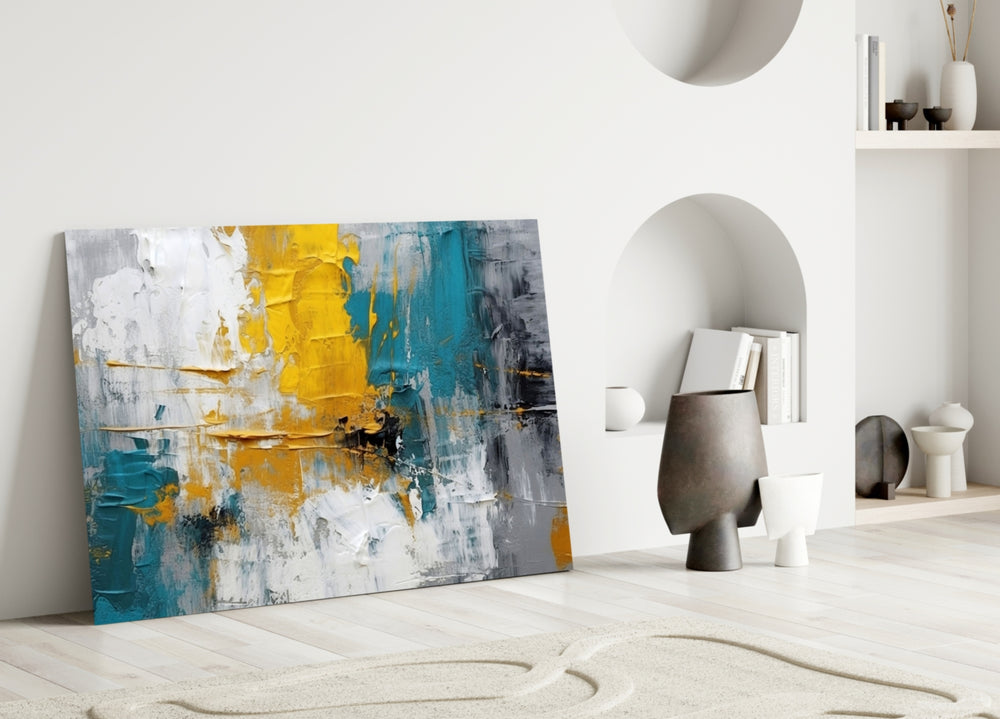 Saffron-and-teal cinematic glass wall art over master-bedroom headboard