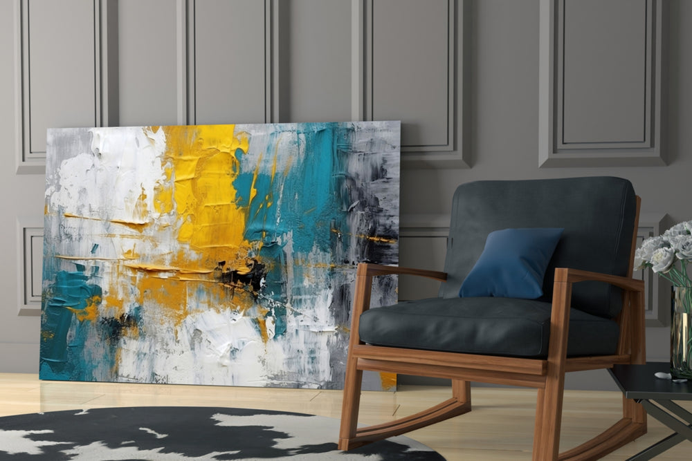 Painterly impasto cinematic glass wall art over modern dining sideboard