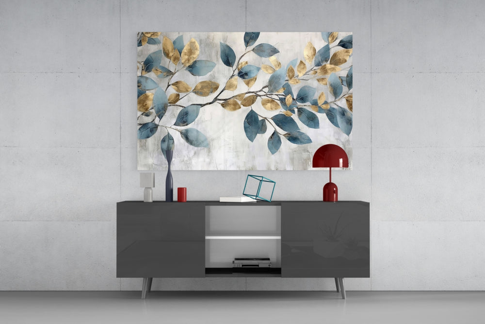 Slate-blue branch painterly glass wall art in glamorous library