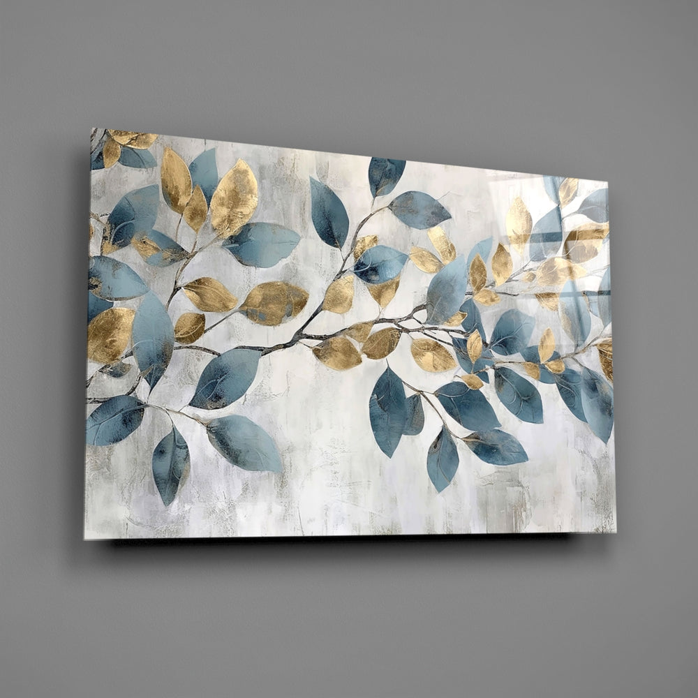Antique-gold and slate-blue cinematic glass wall art over walnut dining sideboard