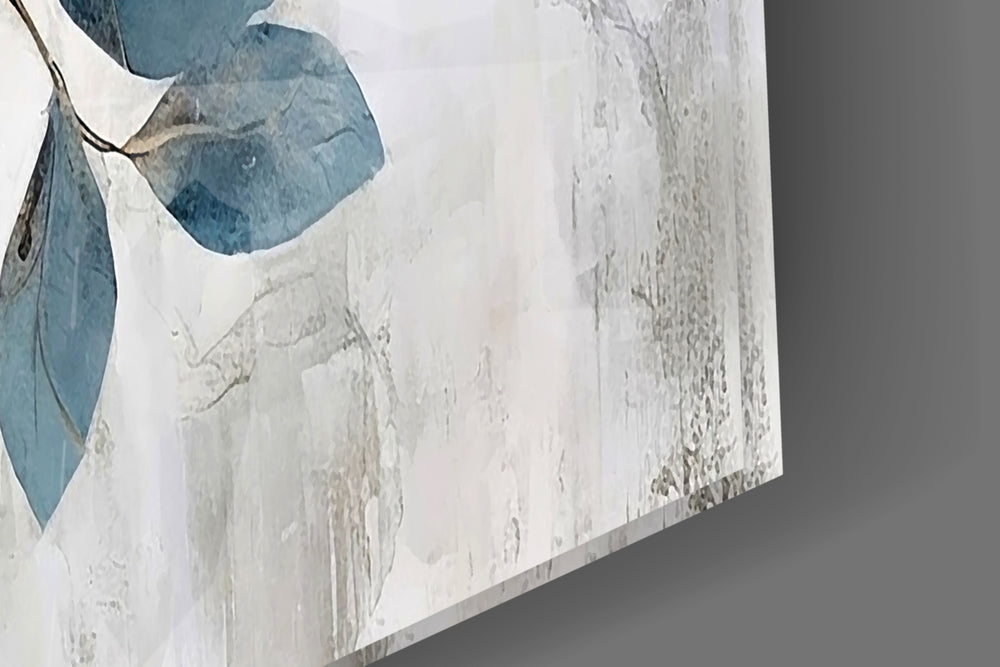 Hanging-scroll botanical cinematic glass wall art in boutique-hotel suite
