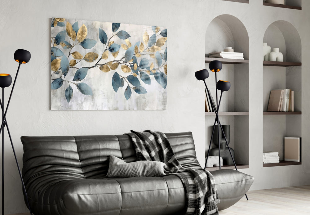 Slate-and-gold leaf bough cinematic glass wall art in heritage hallway