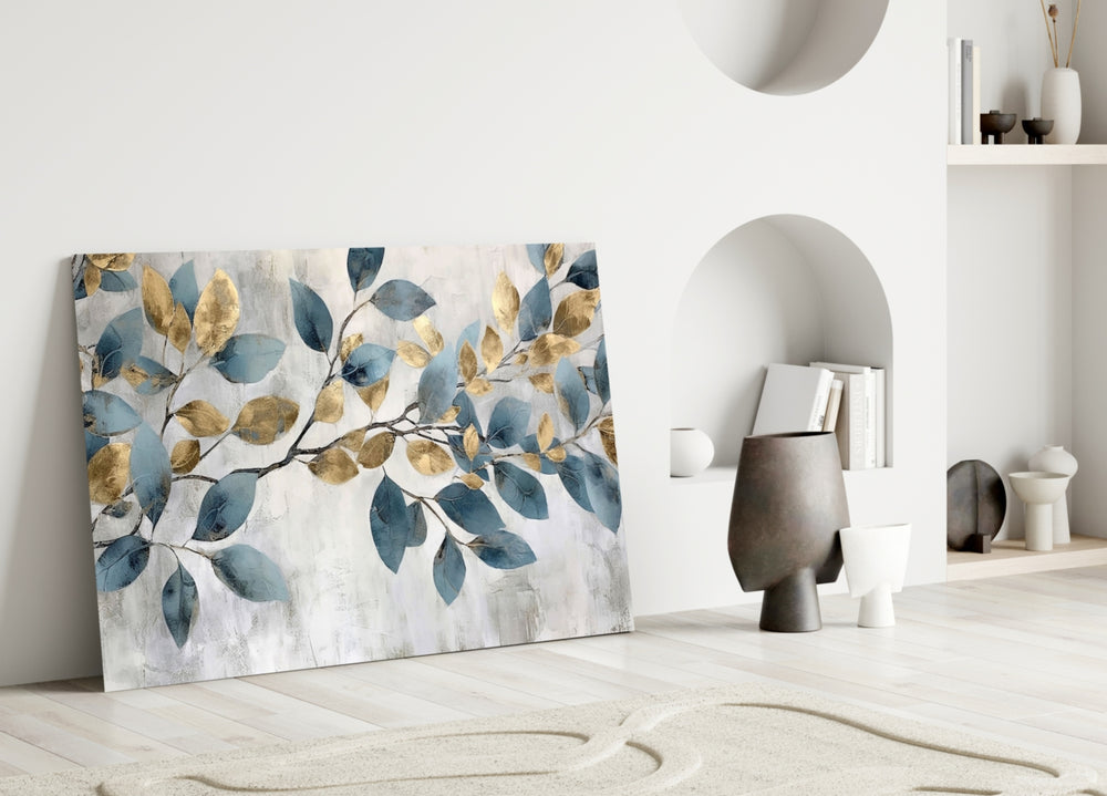 Painterly leaf-branch cinematic glass wall art over linen sofa in designer lounge