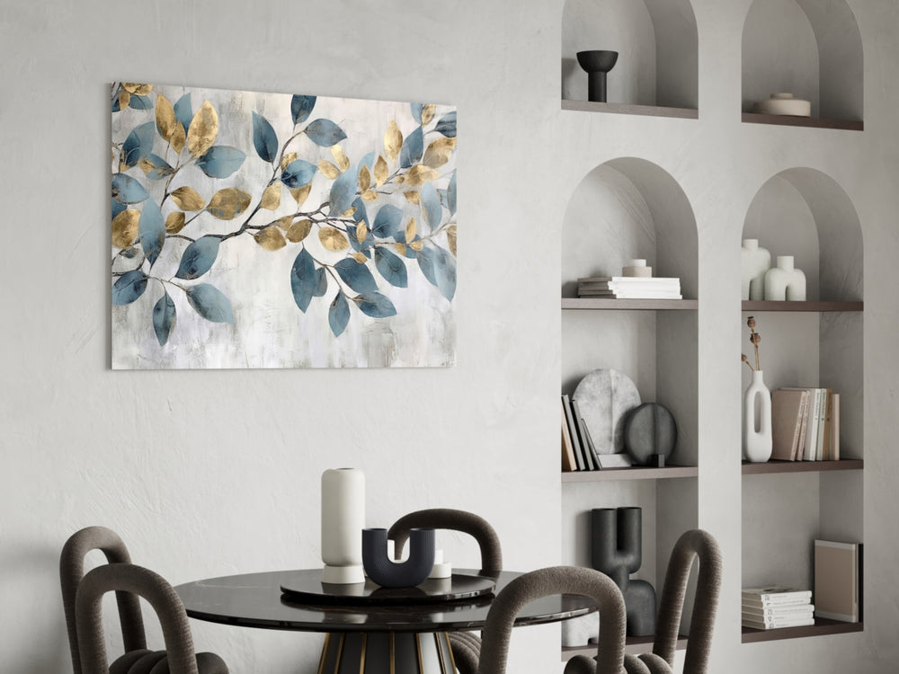 Eastern-style botanical cinematic glass wall art in luxury powder-room