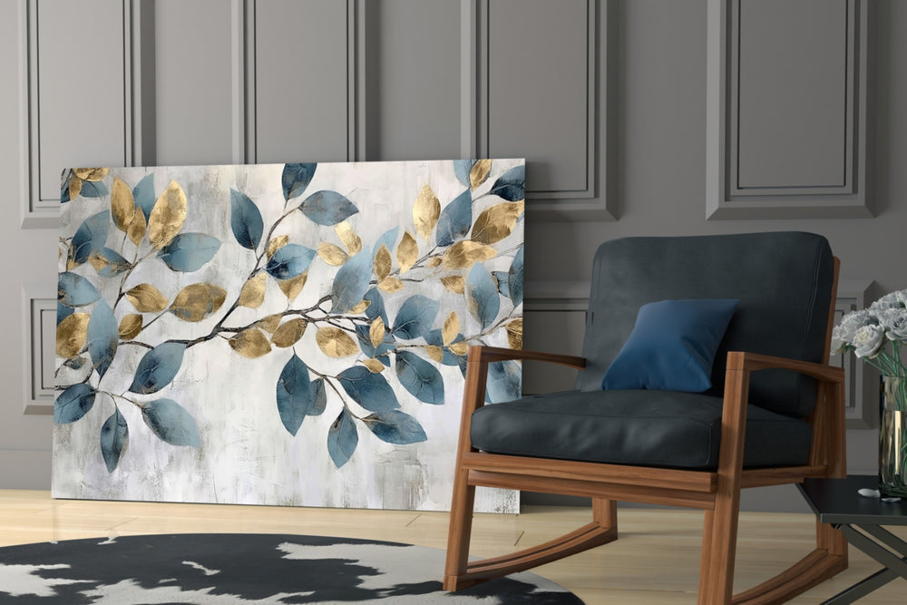 Indigo-and-gold leaf cinematic glass wall art over modern bar cabinet