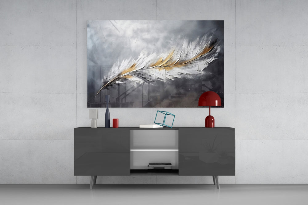 Painterly white-feather cinematic glass wall art in glamorous library