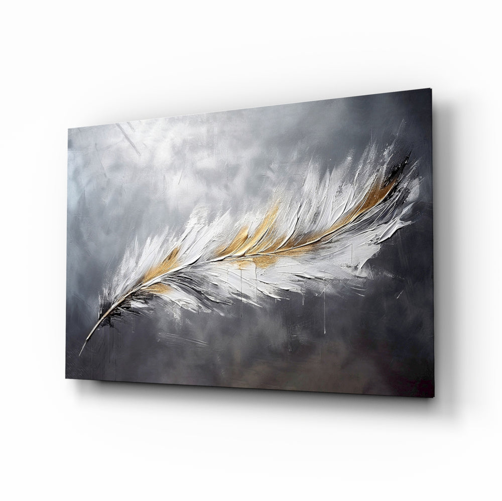 Pearl gold feather impasto glass wall art above velvet headboard in glamorous bedroom
