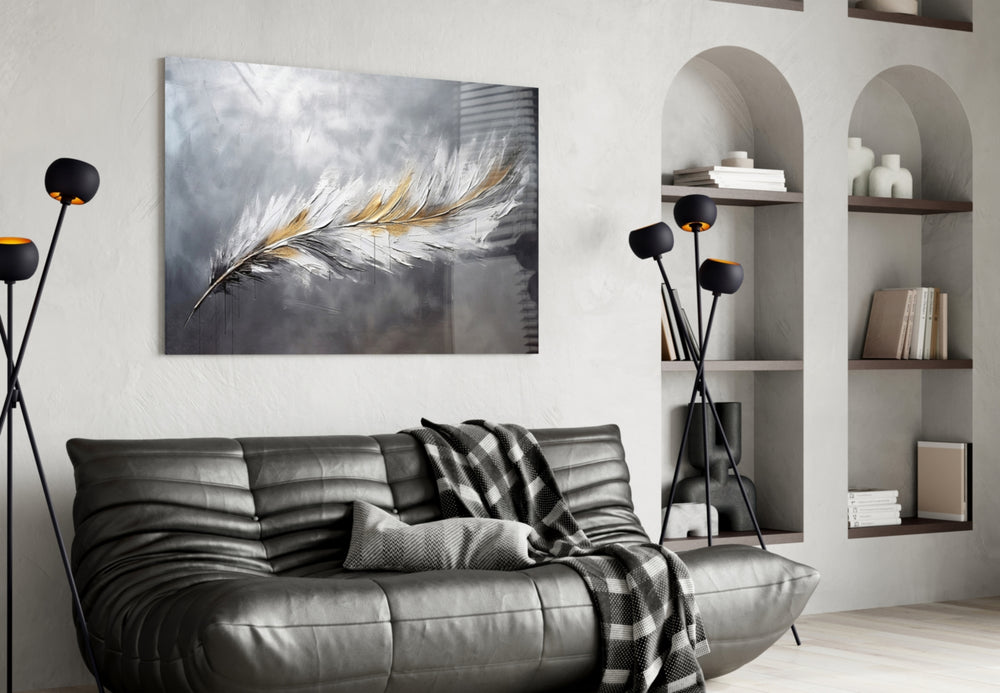Antique-gold quill cinematic glass wall art in heritage hallway