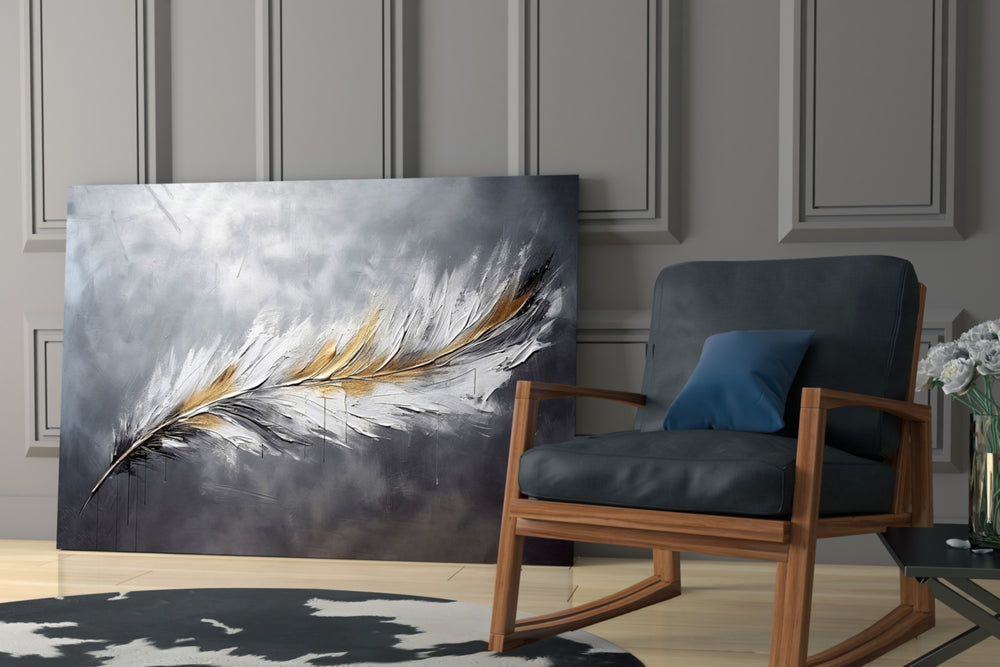Pearl-and-gold feather cinematic glass wall art over modern bar cabinet