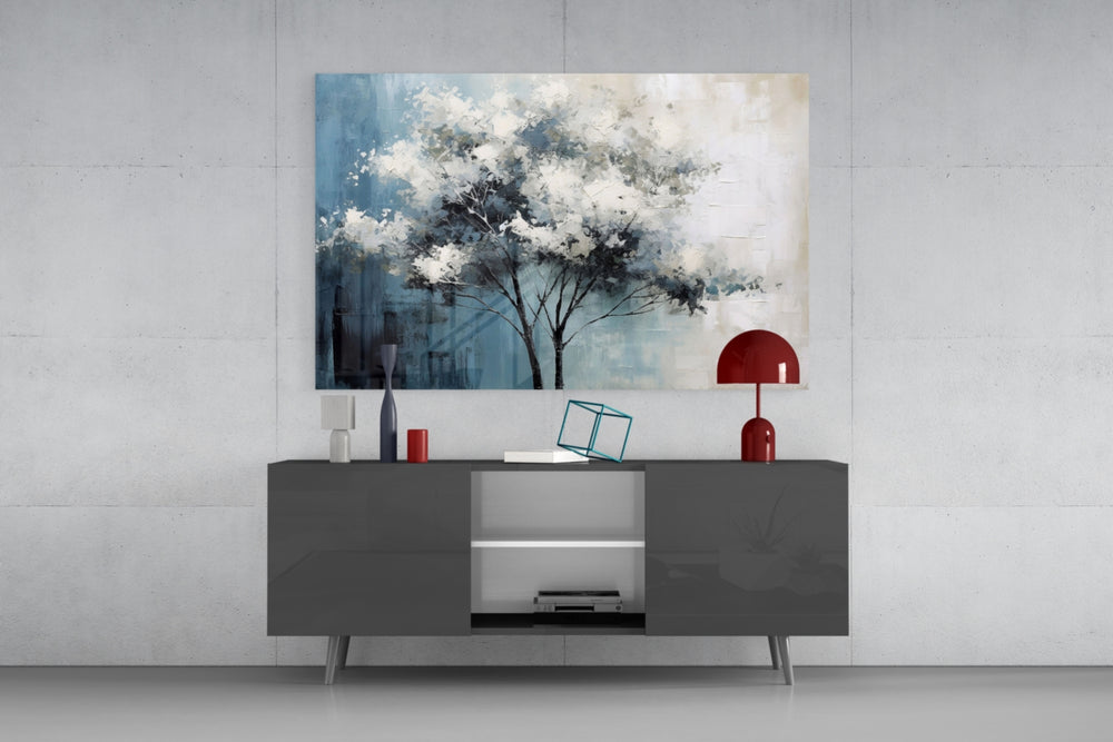 Winter painterly cinematic glass wall art in glamorous library