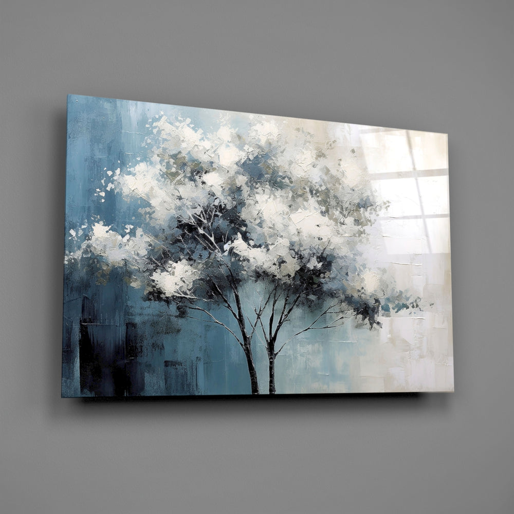 White-blossom landscape cinematic glass wall art over walnut dining sideboard