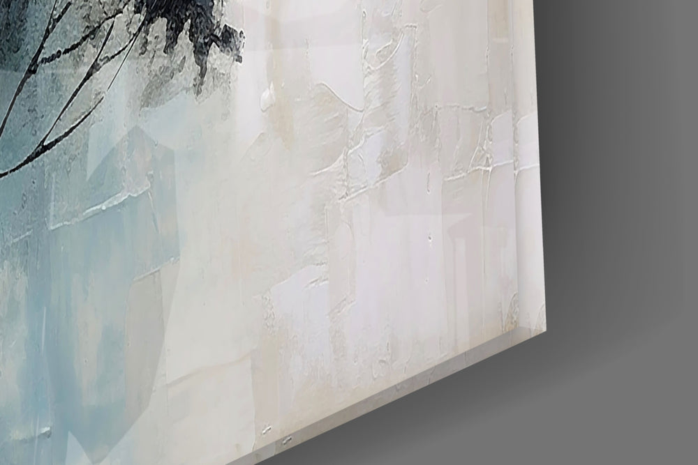 Painterly winter-tree cinematic glass wall art in boutique-hotel suite