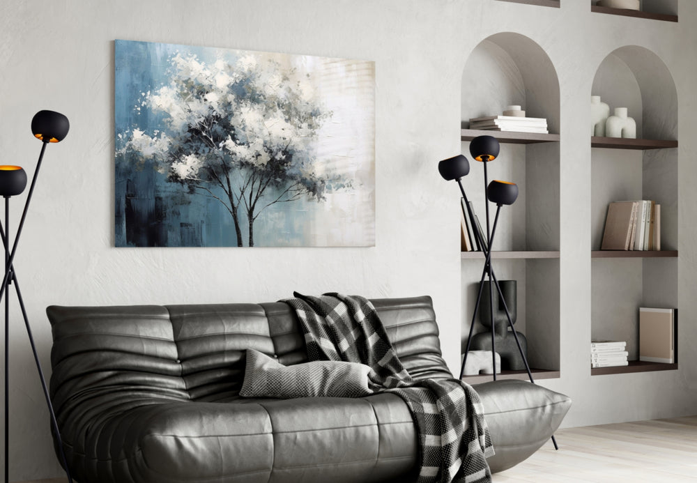 Teal-and-ivory tree cinematic glass wall art in heritage living room