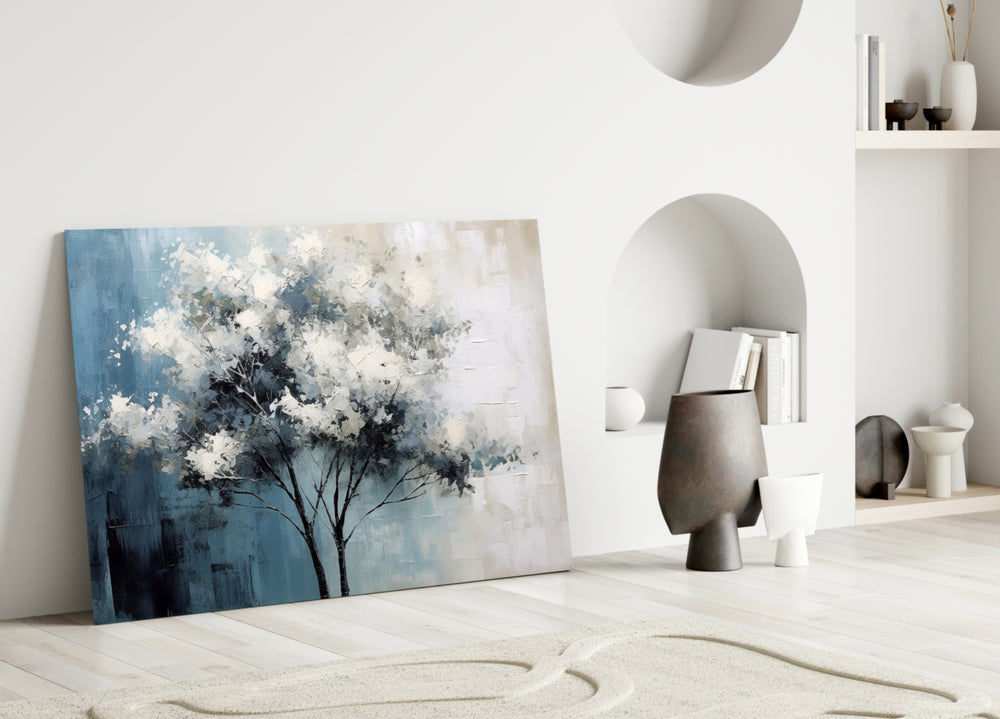 Cumulus-blossom painterly glass wall art over linen sofa in designer lounge