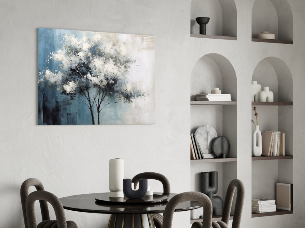 Snow-bright tree cinematic glass wall art in luxury powder-room