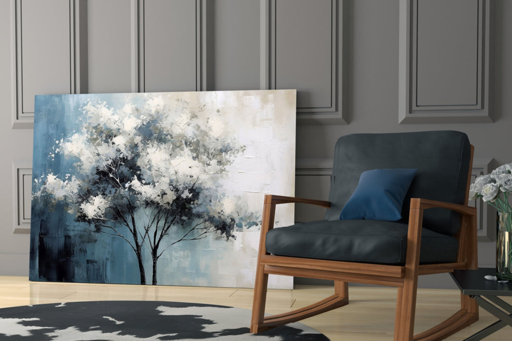 Sculpted-blossom landscape glass wall art over modern bar cabinet
