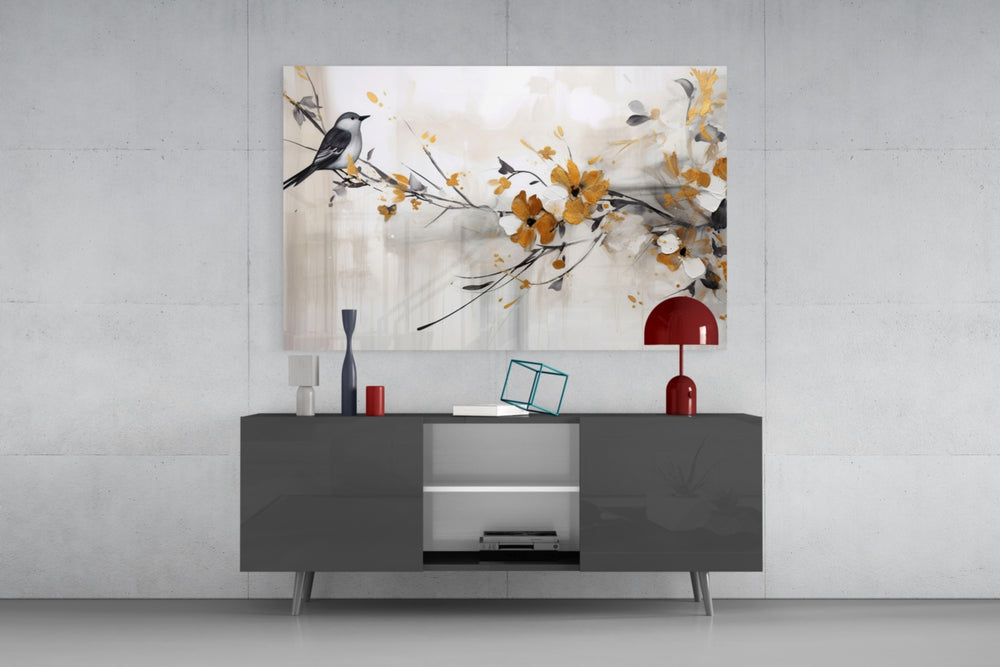 Marigold-blossom bird cinematic glass wall art in glamorous library