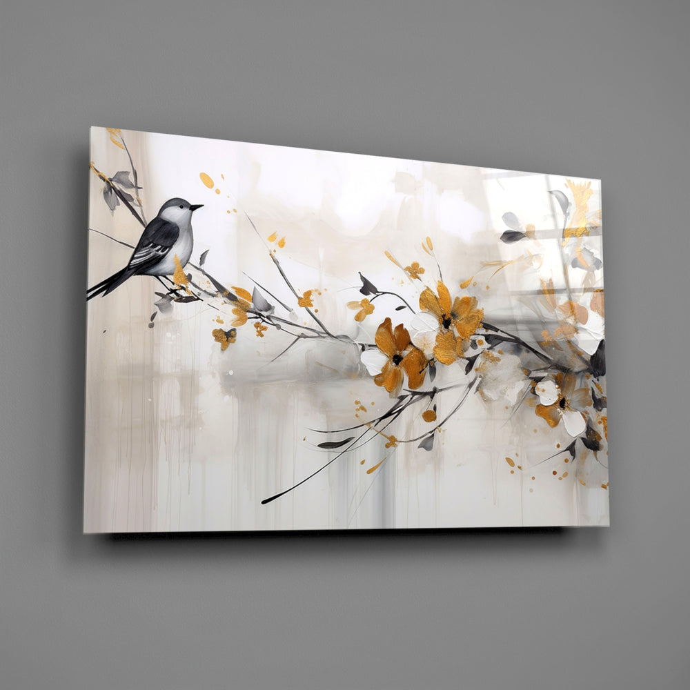 Marigold-and-gold blossom cinematic glass wall art over walnut dining sideboard