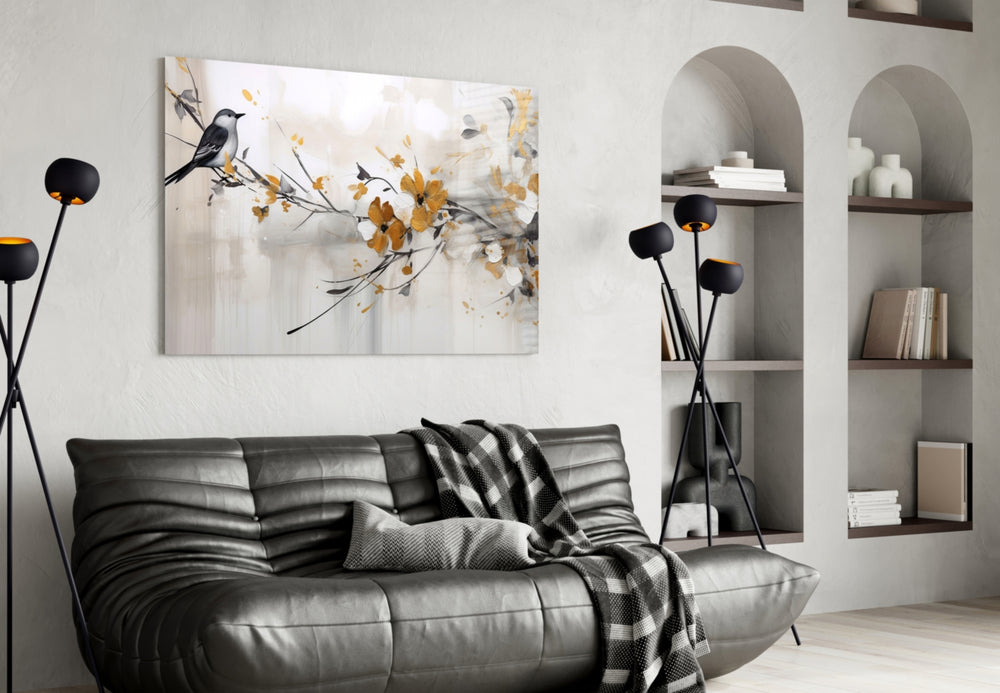Painterly bird-and-branch cinematic glass wall art in heritage hallway
